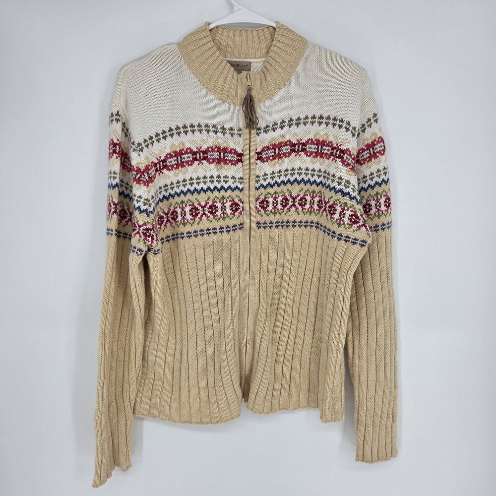 Vtg Mountain Lake Womens Lg Fair Isle Knit Cardigan Sweater Full Zip Mock Neck